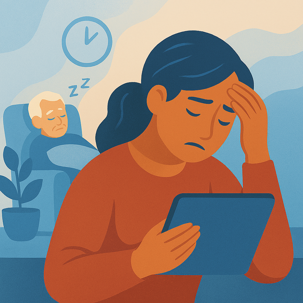 Exhausted caregiver resting head in hands at kitchen table